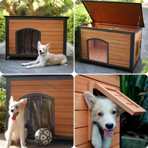 Outdoor Wooden Dog House Weatherproof Chew Resistant Metal Frame 43.3 Inch (43.3"Length)