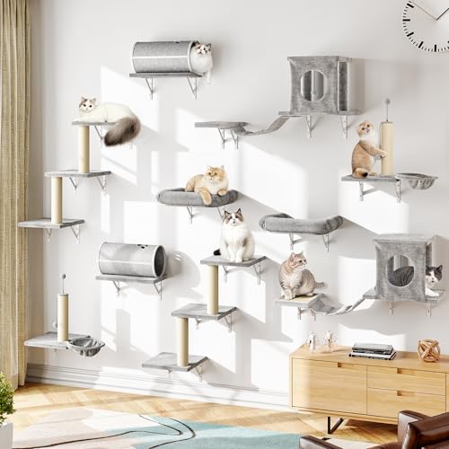 14-in-1 Cat Wall Shelves, Wall-Mounted Cat Climber Set, Grey (Grey)
