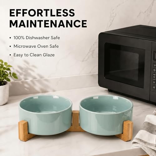 Ceramic Dog and Cat Bowl Set with Wooden Stand (3.6 cups / Morandi Green × 2)