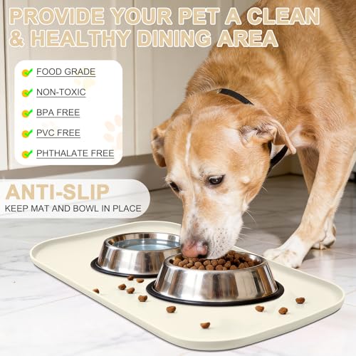 Waterproof Silicone Pet Food Mat with Raised Edge for Dog & Cat (White Sand / 19"L x 12"W)