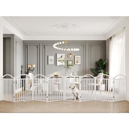 Metal No Assembly Freestanding Dog Gate with Door Walk Through (White / 8 panels 196"W*32"H HFG)