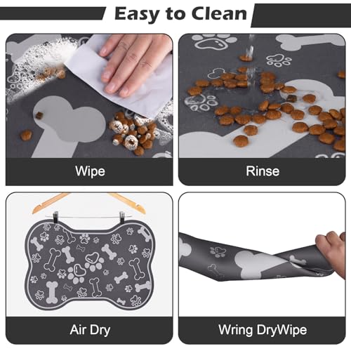 Dog Cat Food Mat (29"L x 17"W / Bone Shaped Dark Grey)