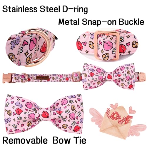 Valentine's Day Dog Collar with Bow Tie XO Red Lips Puppy Collar Best Gift for Small Medium Large Boys Girls (Small / red lips-bow)