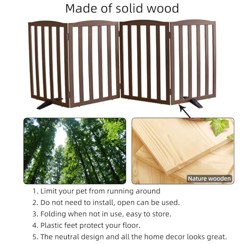 Foldable Freestanding Indoor Dog Gate for House Wood Long Pet Gates Dog Fence for Stairs Puppy Gates for Hallways (Brown / 【4 Panels】80''w X 32''h)