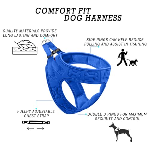 Comfort Fit Dog Harness Step in No Pull Harness for Medium Small Large Sized Dogs Soft Padded No Escape Harness Adjustable Easy Buckle Leash Attachment D (M (Chest 17"-18.5") / Blue Plush)