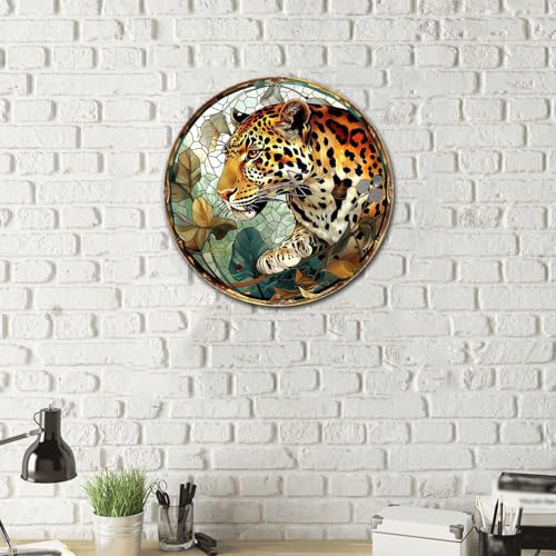 Metal Sign Tin Sign Circular Stained Glass Leopard Vintage Metal Sign for Gift 12×12 Inches (12×12 Inches / Leopard-2)