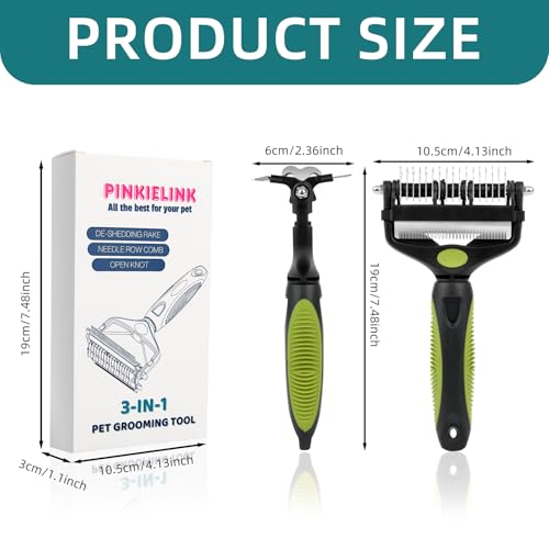 3-IN-1 Pet Grooming Tool - Undercoat Rake, Dematting Comb & Deshedding Brush for Cats, Dogs, Horses - Removes Mats, Tangles & Loose Fur, Reduces Shedding & Prevents Hair Mess (Green) (Green)