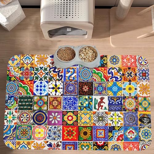 Bohemian Chic Floral Dog Food Mat Waterproof Pet Cat Placemat (Bohemian Chic Floral / 17.7"L x 17.7"W)