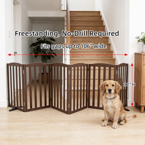 Foldable Freestanding Indoor Dog Gate for House Wood Long Pet Gates Dog Fence for Stairs Puppy Gates for Hallways (Brown / 【6 Panels】120''w X 32''h)