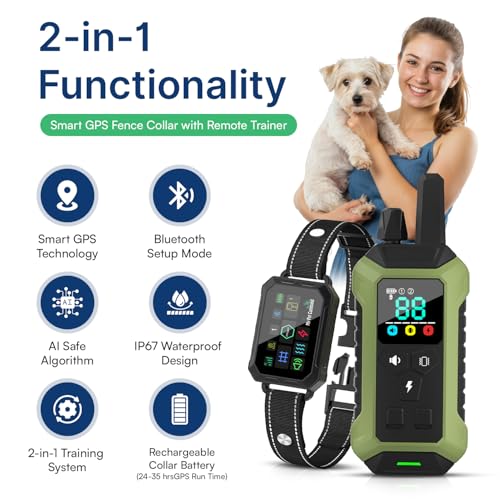 2 1 Smart Wireless GPS Dog Fence with APP Setup 1 Collar Kit (1 Collar Kit with Remote)