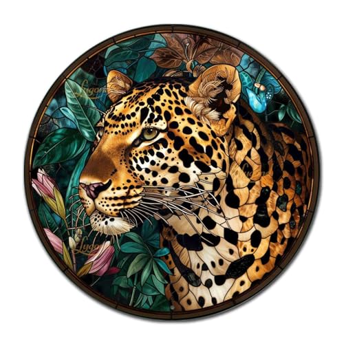 Metal Sign Tin Sign Circular Stained Glass Leopard Gardening Poster for Bar 12×12 Inches (12×12 Inches / Leopard-4)