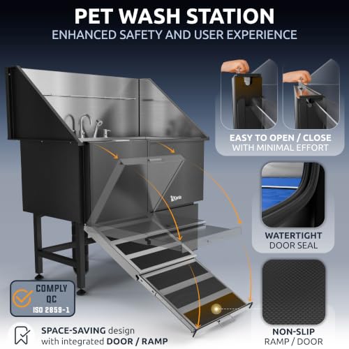 Professional Dog Washing Station 304 Stainless Steel Pet Wash Sink (Black, Left Ramp, 1 Drawer / 50 Inches)