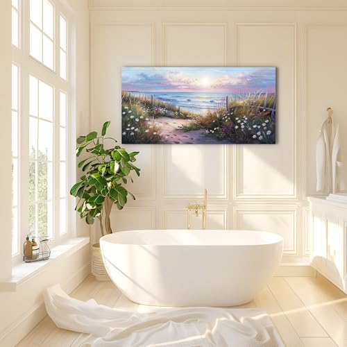 Canvas Wall Art For Living Room Wall DecorFor Bedroom Flower Beach Scenery Wall Painting Blue Ocean Pictures Artwork Office Decor Modern Framed Posters Home Decorations 20"X40" (40"L x 20"W / Flower Beach Ocean Scenery)