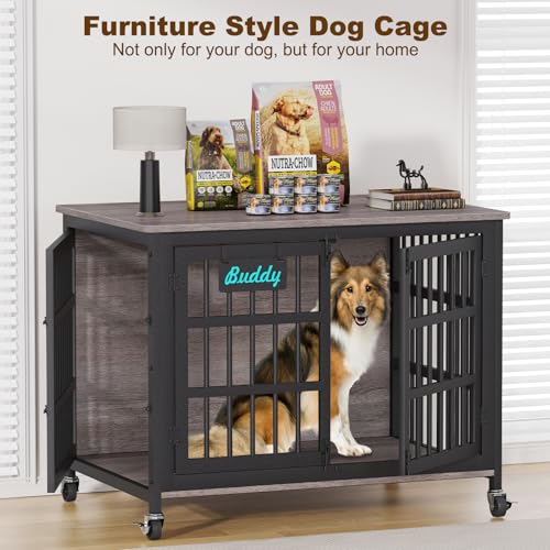 41"/33"/27" Dog Crate Furniture with Name Tag, Heavy Duty Dog Kennel Indoor for Medium Dogs, Double-Doors Sturdy Metal Dog Cage for Anxiety Dog, Decorate House as TV Stand, End Table (40.8"L x 29.3"W x 30.2"H / Grey)
