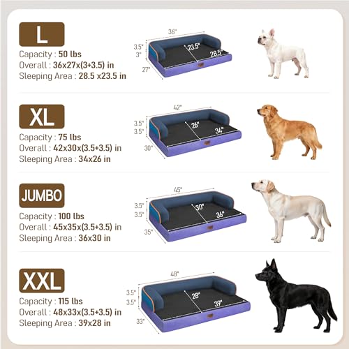 Washable Dog Bed with Bolster for Medium to Large Dogs (Electric Violet / 36"L x 27"W x 7.5"Th)