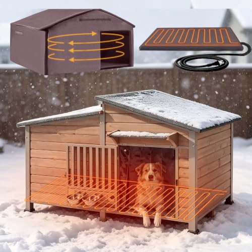Extra Large Heated Dog House Outdoor with Iron Frame & Rotating Bowls Beige