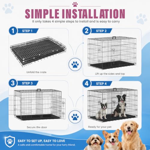 Dog Crate for Large Dogs 42 Inch Folding Metal Wire Pet Cage Double Door W (Black / 42.0"L x 26.0"W x 28.0"H)