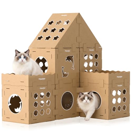DIY Cat Scratcher Cardboard House (Kraft Brown / 6 Boxes + 2 Roofs + 2 Triangulars + 6 Scratchers)