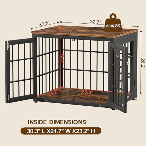 32" Heavy Duty Dog Crate Furniture for Small and Medium Dogs (Black + Rustic Brown / 32.7"L x 23.6"W x 26.2"H)