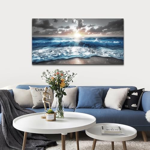 Canvas Wall Decor For Office Large Wall Art For Living Room Blue Beach Painting Sea Waves Sunshine Wall Pictures Bedroom Home Decorations Prints Posters Mural Artwork Ready To Hang (48"L x 24"W / Sea Sunshine Waves Pictures)