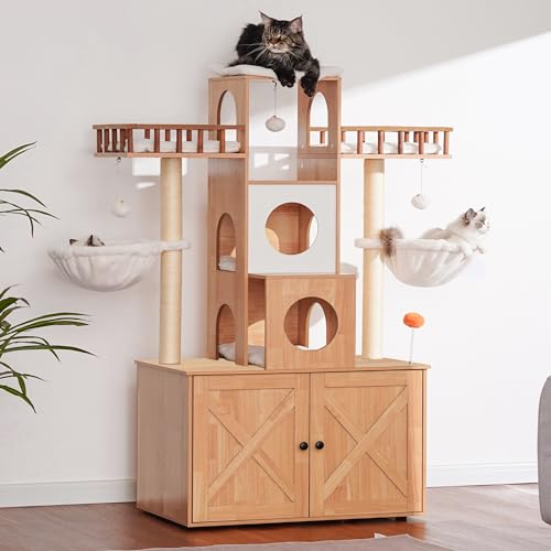 Cat Tree with Litter Box Enclosure for Indoor Big Cat HCT110WB (Walnut / 60 inch)