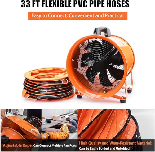 12-Inch High-Velocity Portable Utility Blower Fan, Industrial Exhaust Fan with 33ft Flexible Duct Hose, 3150 RPM Low-Noise Ventilator for Basements, Workshops, Warehouses, and Confined Spaces (12" x 33ft)