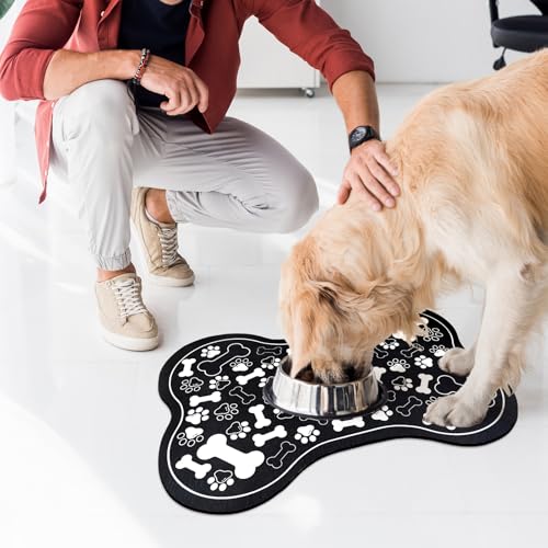 Dog & Cat Food Mat Bone Shaped Pet Feeding Mat Quick Absorb Water Bowl Placemat with Rubber Backing Indoor Floor Stain Resistant Pet Accessory Supplies (Black / 12"L x 18"W)