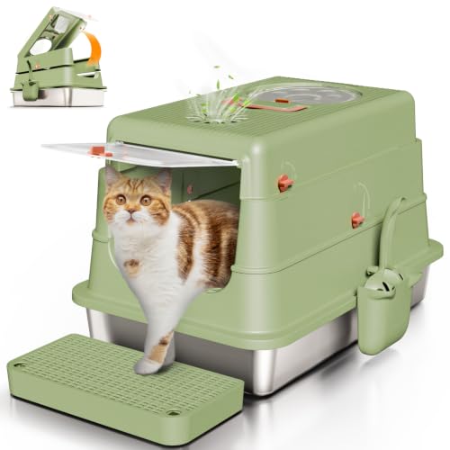 Stainless Steel Cat Litter Box with Lid (Green)