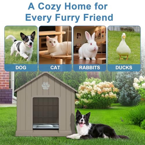 Dog House Indoor Outdoor for Small to Large Sized Dogs 38'' Resin Outdoor Dog House with Ventilation Waterproof Puppy Shelter with Elevated Floor (Grey / 37.8'' * 40.87'' * 38.82'')