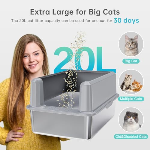 Enclosed Stainless Steel Cat Litter Box with Lid (SH-Light Gray)