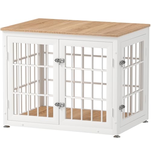 32" Heavy Duty Dog Crate Furniture for Small and Medium Dogs (White + Natural / 32.7"L x 23.6"W x 26.2"H)