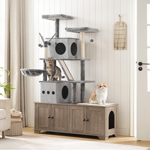 Double Litter Box Enclosure with Cat Tree (Greige)