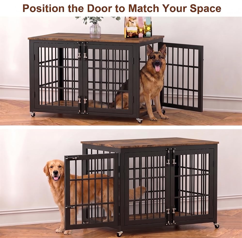48" Heavy Duty Dog Crate Furniture for Large and Medium Dogs (Black + Rustic Brown)