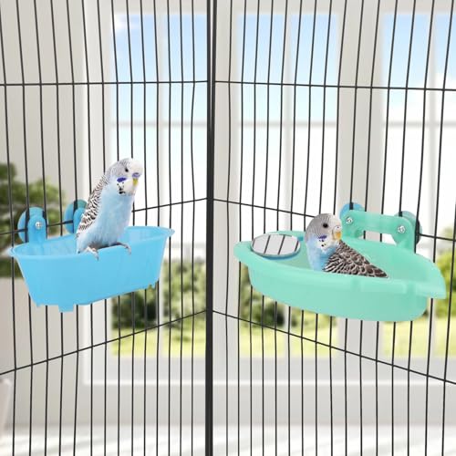 Bird Bath with Mirror for Small Birds Budgie Parakeet Cage (Blue(B)+Green)