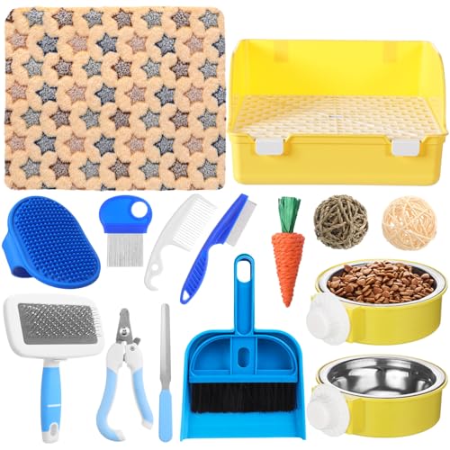 15 Pcs Rabbit Starter Kit Small Rabbit Litter Box Girls Gift Animal Grooming Kit Bunny Toys Bowl Blankets with Cleaning Set for Guinea Pig Accessories (Yellow)