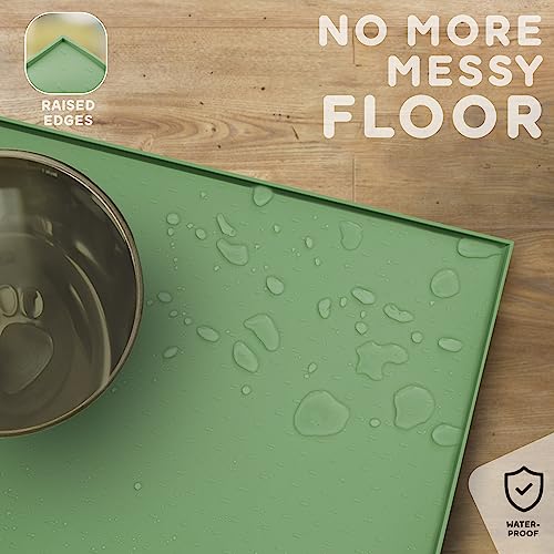 Dog Food Mat Raised Edges Dogs Mat for Food and Water Prevent Spill (18.5" x 11.5" / Eucalyptus)