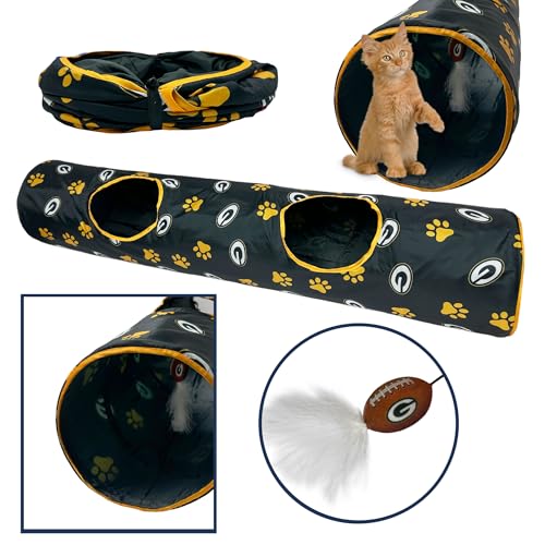 NFL Green Bay Packers Cat Tunnel Tube Toy with Plush Football Catnip and Feathers Collapsible Tunnel for Cats to Play (Green Bay Packers)