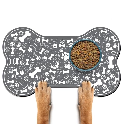 Dog & Cat Food Mat Bone Shaped Pet Feeding Mat Quick Absorb Water Bowl Placemat with Rubber Backing Indoor Floor Stain Resistant Pet Accessory Supplies (Dark Gray / 17"L x 17"W)