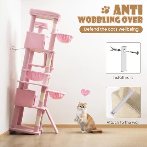 81in Multi Level Tall Cat Tree Tower for Indoor Kitties (Pink)