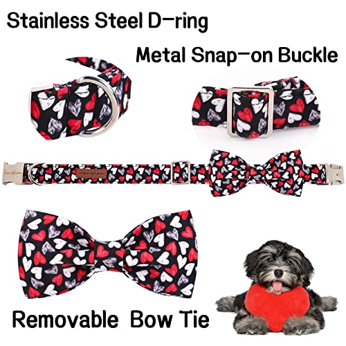 Valentine's Day Dog Collar with Bow Tie Black & Red Heart Puppy Collar Best Gothic Style Gift for Small Medium Large Boys Girls (Small / Gothic Love)