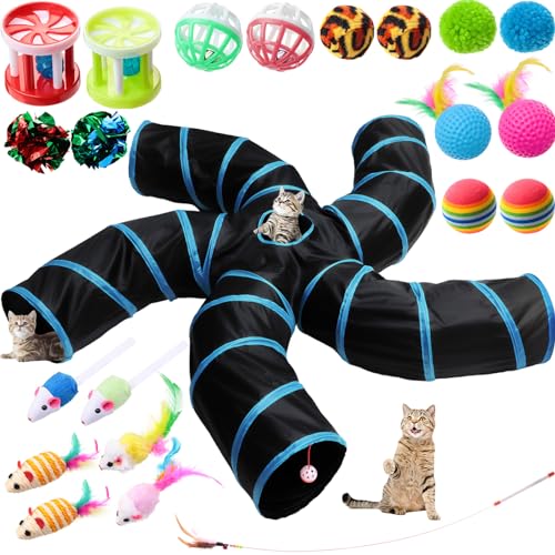 21 Pcs Cat Tunnel for Indoor Set Collapsible 5 Way Tubes with 20 Pcs Cat Kitten Toys Interactive Feather Toy Mouse Crinkle Balls Tube for Puppy Kitten Rabbit (Blue Black)
