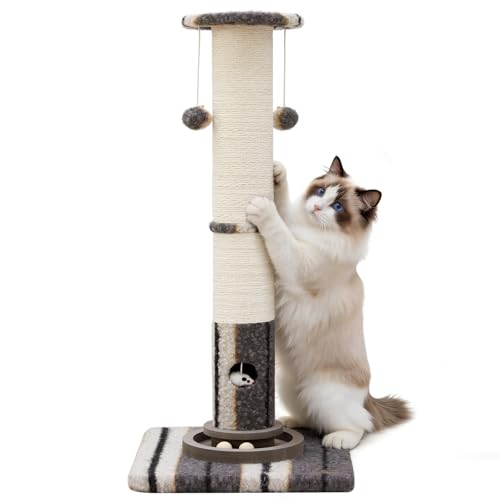 Cat Scratching Post 34"Tall Grey Sisal Scratcher Tree With Cat Toy (Grey)