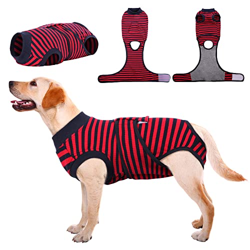 Recovery Suit for Dogs Cats (Large (Back:16.1-20.1'', Weight:23-48 Lb) / Navy Red Stripe)