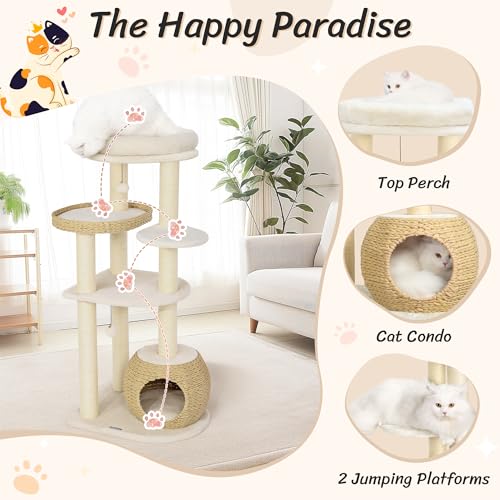 Modern Solid Wood Cat Tree for Large Cats 53 Inch (005 White)