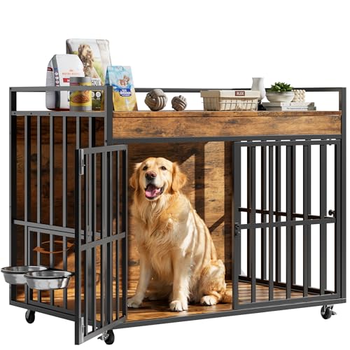 Heavy Duty Large Dog Crate Furniture with 360° Rotatable Bowls & Wheels (43.5"L x 27.2"W x 34.8"H)