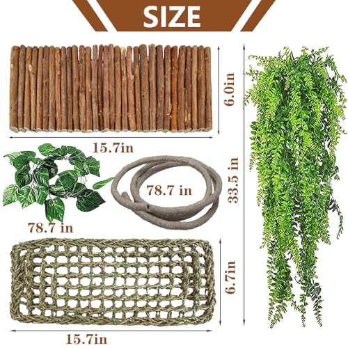 Reptile Hideout Wooden Bridge Bearded Dragon Hammock Reptiles Jungle Climbing Vines Flexible Leaves Bearded Dragon Accessories for Lizard Gecko Chameleon Snake Hamster
