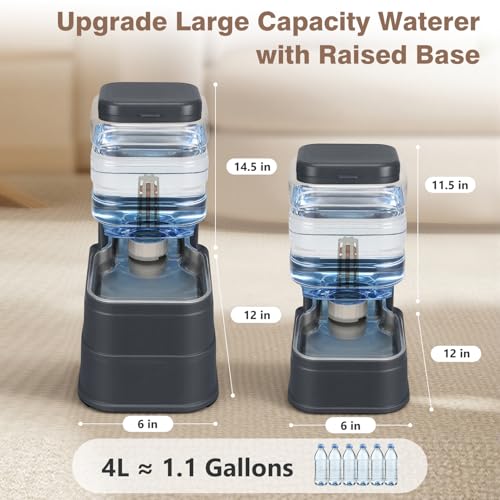 1.1 Gallon Pet Automatic Dog Water Dispenser Cat Gravity Waterer Feeder with Stainless Steel Bowl 8L Large Capacity Puppy Feeding Raised Bowls with Filter (Charcoal Gray / 4L(1.1 Gallon))