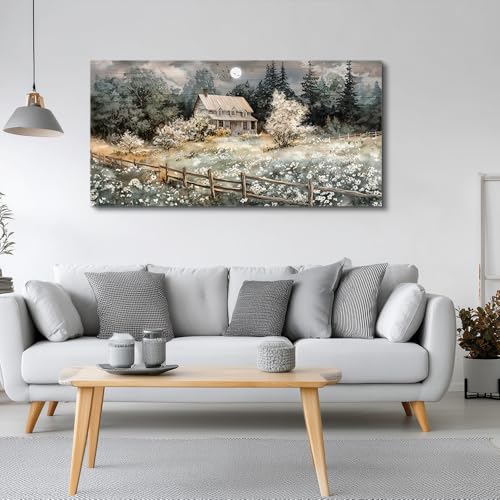 Farmhouse Canvas Wall Art Nature Landscape Paintings Wall Decor For Living Room Bedroom Decorations Rural Artwork Pictures Framed for Office Aesthetic Home Decor Ready To Hang (40"L x 20"W / Rural landscape)