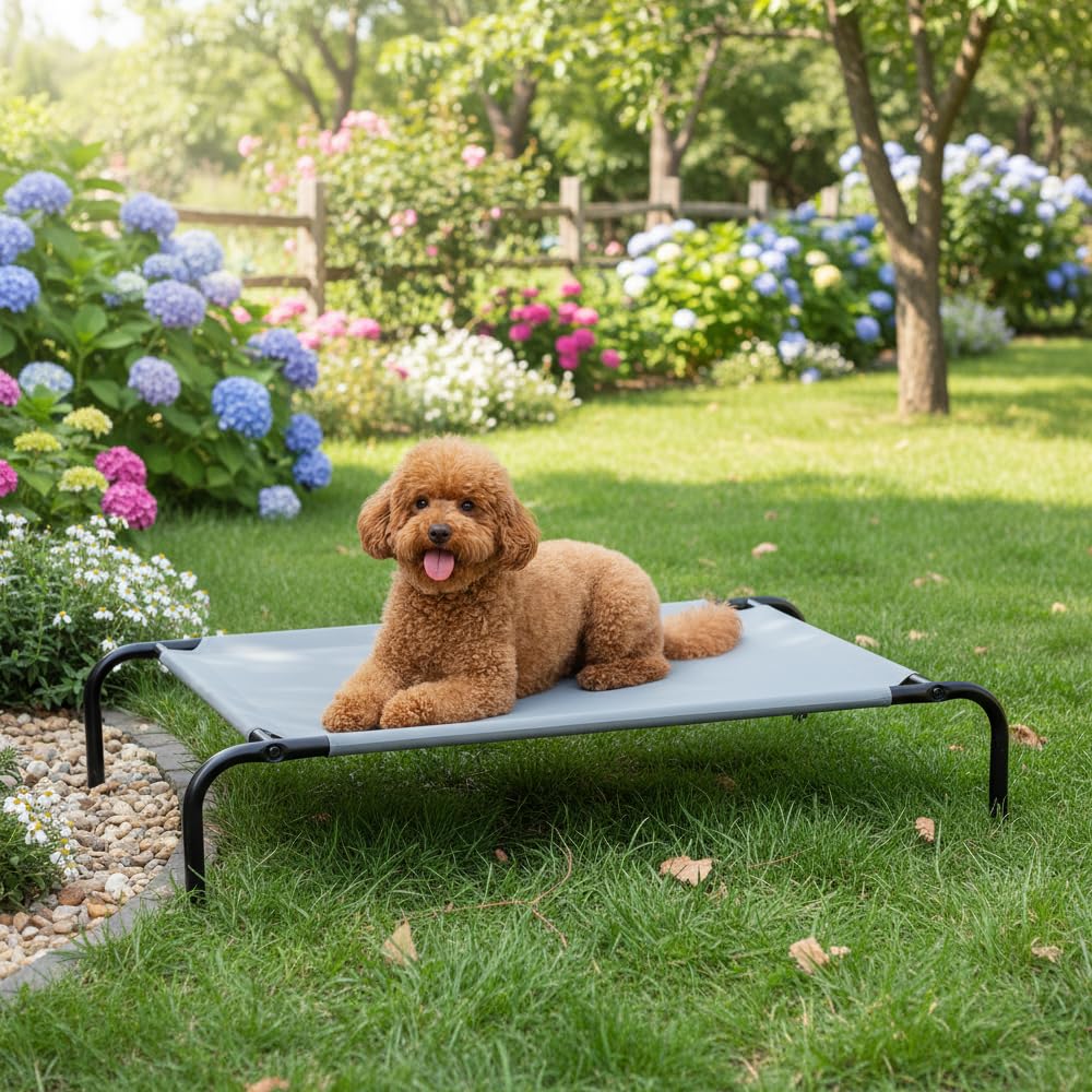 Cooling Breathable Elevated Dog Bed with Durable Metal Frame (Grey / Medium)