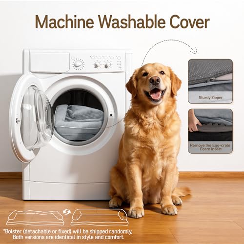 Washable Dog Bed with Bolster for Medium to Large Dogs (Grey / 36"L x 27"W x 7.5"Th)